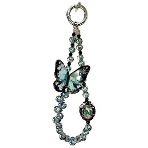 Crystal Blue Butterfly Phone Charm – Beaded Wrist Strap Cellphone