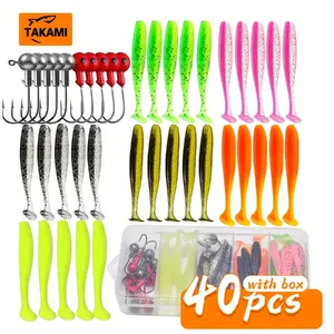 Takami 40pcs Artificial Fishing Lures, Mixed Colors Fake T Tail Lure Set with Hooks, Pike Hook Kit, Fishing Accessories