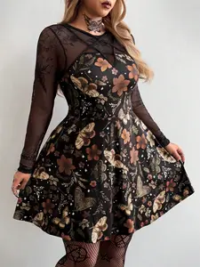 Plus Size Women's New Round Neck Retro Casual College Style Punk Floral Print A-Line Long Sleeve Dress, Perfect for All Occasions