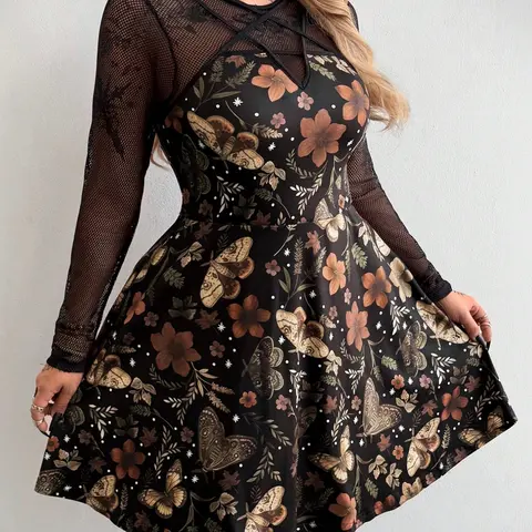 Plus Size Women's New Round Neck Retro Casual College Style Punk Floral Print A-Line Long Sleeve Dress, Perfect for All Occasions