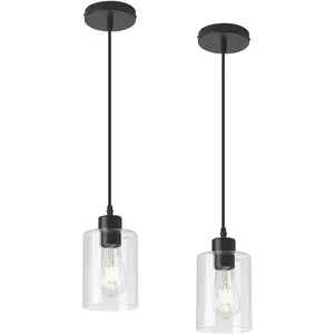 Black Farmhouse Clear Glass Cylinder Pendant Light Fixture, Mini Pendant Lighting for Kitchen Island Decor, 4.75 Inch Shade 58 Inch Cord Black 2 Pack
