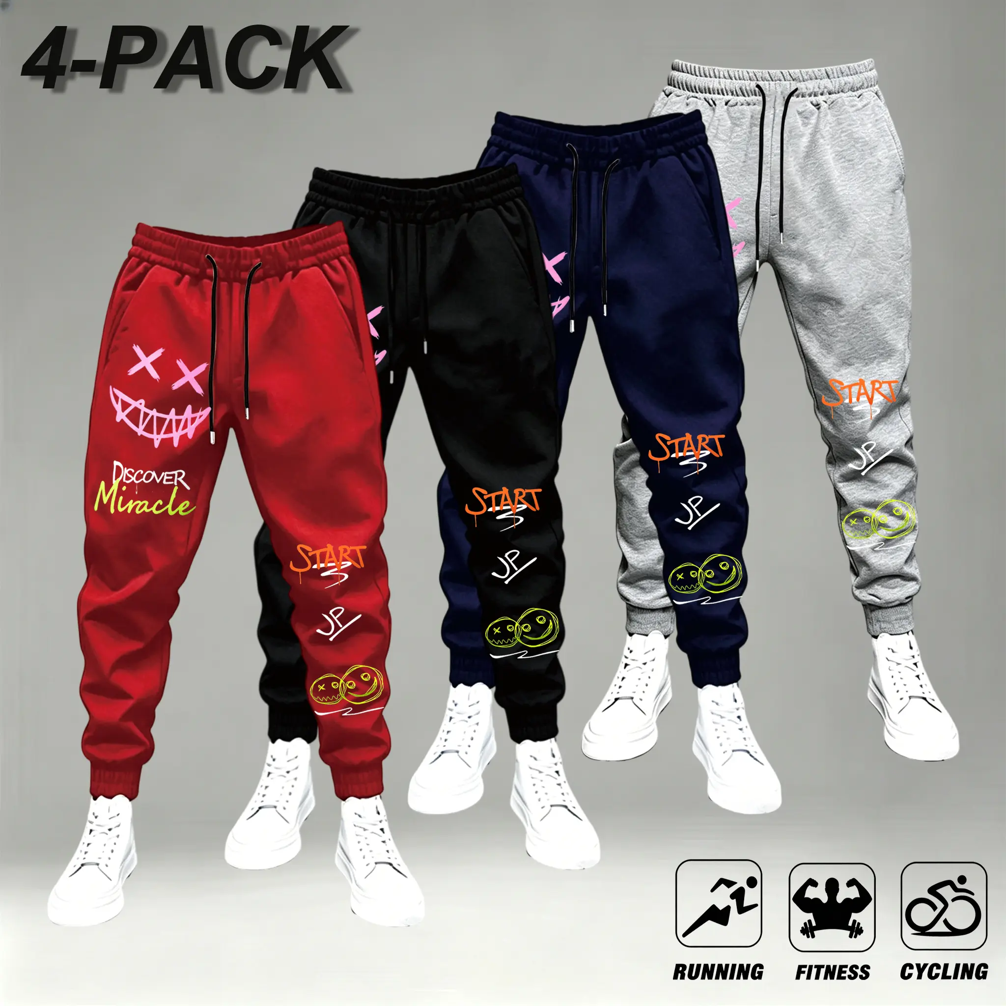 4-Pack Sporty Joggers with "Start" & "Discover Miracle" Prints for Running Fitness & Cycling,Men Colorful Graffiti Evil Smile Hand Drawn Graphic Jogger Sweatpants Elastic Drawstring Tapered Streetwear Subculture Athletic Training Trousers