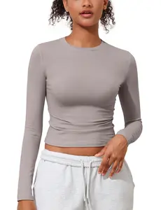 PrettyGuide Women's Cotton Jersey Long Sleeve Shirts Slim Fit Crewneck Crop Tops Basic Fall Going Out Y2K Tops Casual Fashion Lightweight Stretchy Comfortable Everyday Wear