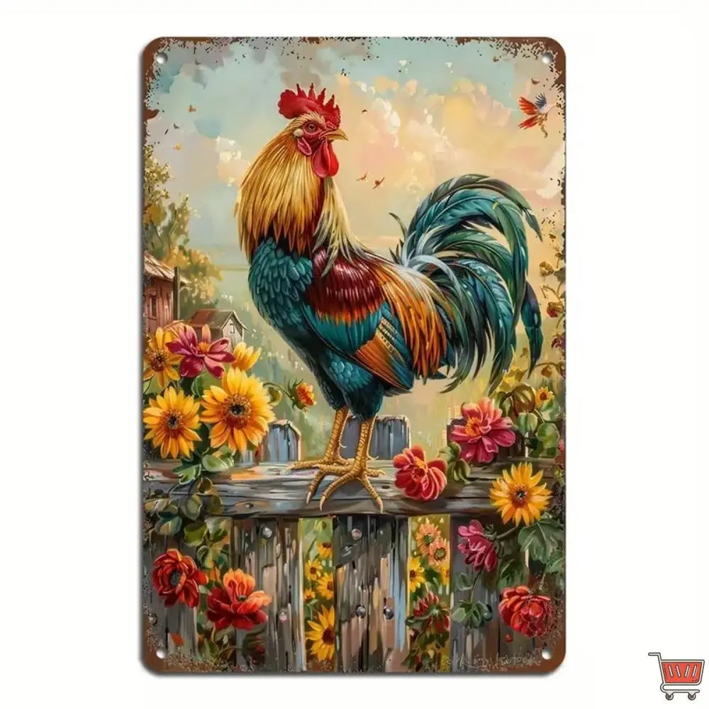 Vintage Colorful Rooster Iron Metal Decorative Sign, Sunflower Floral Farmhouse Vintage Plaque, Ideal for Country Kitchen & Porch Room Decor