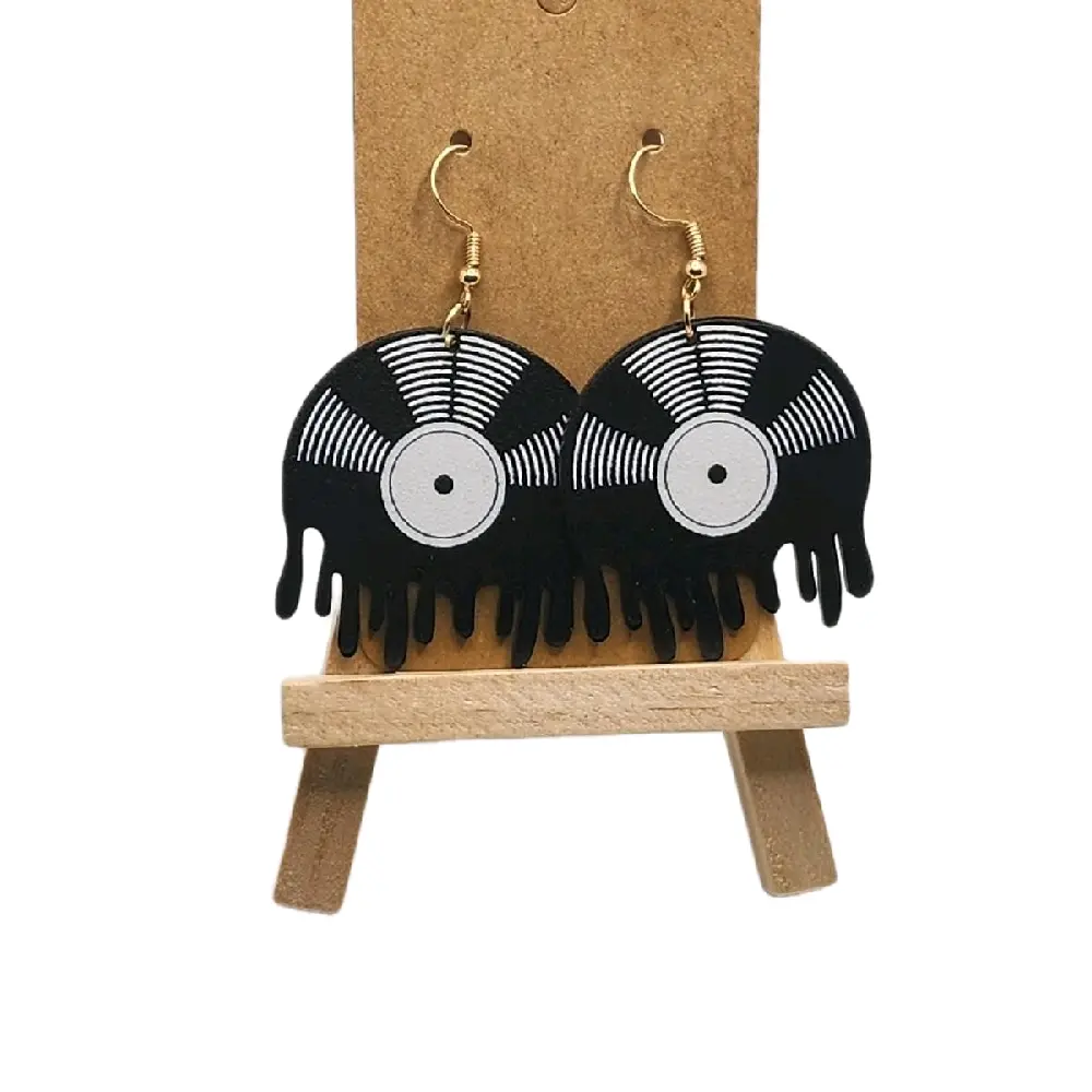 Melted Music Record Earrings, Music Theme Costume Jewelry with Playful Shape & Record Motif, Lightweight Unisex Fit Hook Earrings for Stylish Comfortable Wear, Plastic