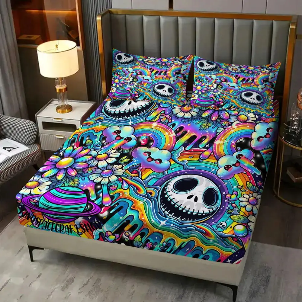 3Pcs Psychedelic Skull Fitted Bedsheet Set, Vibrant Rainbow Skull and Whimsical Cloud Design, Soft and Durable Bedding for a Colorful Bedroom Makeover, Perfect for Halloween Lovers!Includes 2 Pillowcases, No Pillow Core