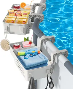 【2026 Upgrade】 2 Sets Poolside Storage Basket with Cup Holders, Above Ground Pool Accessories, Swimming Pool Storage Basket 3-in-1 Functionality, Fits 3 Inch or Less Top Rail (Beige, 2Pcs)