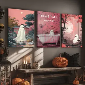 3 Counts Wooden Framed Canvas, Pink - Toned Ghost Theme Poster, Halloween Home Poster, Halloween Party Decorations, Living Room And Bedroom Hanging Paintings, Horror Theme, Interesting Posters, Exquisite Gifts, High-Definition Art