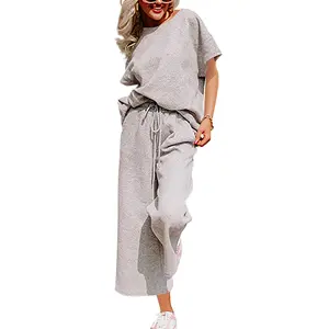 Lannew Womens 2 Piece Outfits Short Sleeve Tops and Drawstring Waist Cropped Pants Loungewear
