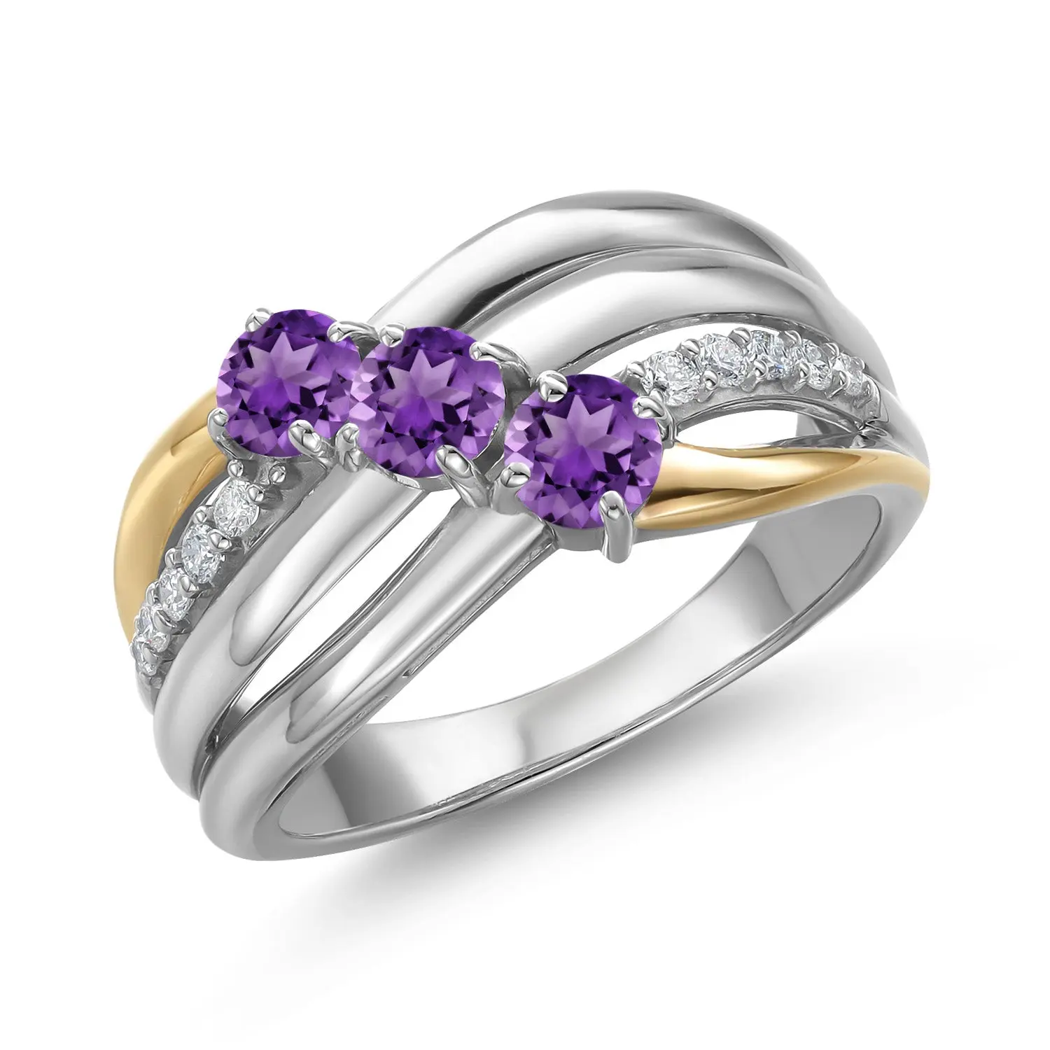 Gem Stone King Women's 2-Tone 925 Silver & 10 Karat Yellow Gold Engagement Wedding Ring, 0.90 Cttw Round Cut 4MM Purple Amethyst & Lab Grown Diamond, February Birthstone, Engagement Wedding Rings