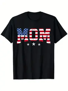 Patriotic "MOM" American Flag T-Shirt - 100% Cotton, Round Neck, Short Sleeve, Distressed Print with Stars & Stripes Design - Perfect Gift for Mother's Day, 4th of July, Christmas, Valentine's Day - Sizes S to XXXL, Perfect for Thanksgiving