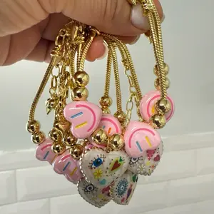 Happy Face 14k Gold Plated Bracelet with Colorful Donut Charms & Beads Handcrafted Handmade Jewelry for Stylish Wear Unique Personal Touch