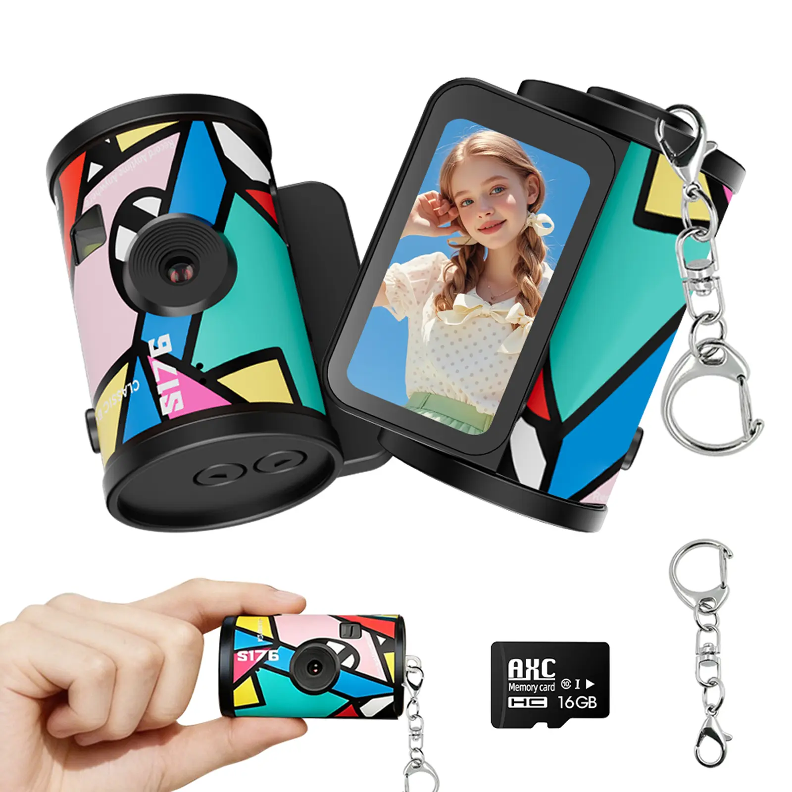 Mini Digital Camera Retro Cylinder Film-Style, 1080P HD Vlogging Camera with Flash & 1.47 Inch Screen, 16GB Card & Cable Included, Portable Travel compact sport camera for Daily Vlog party , Y2K Gift for Teens Girls Boys Kids outdoor Cameras