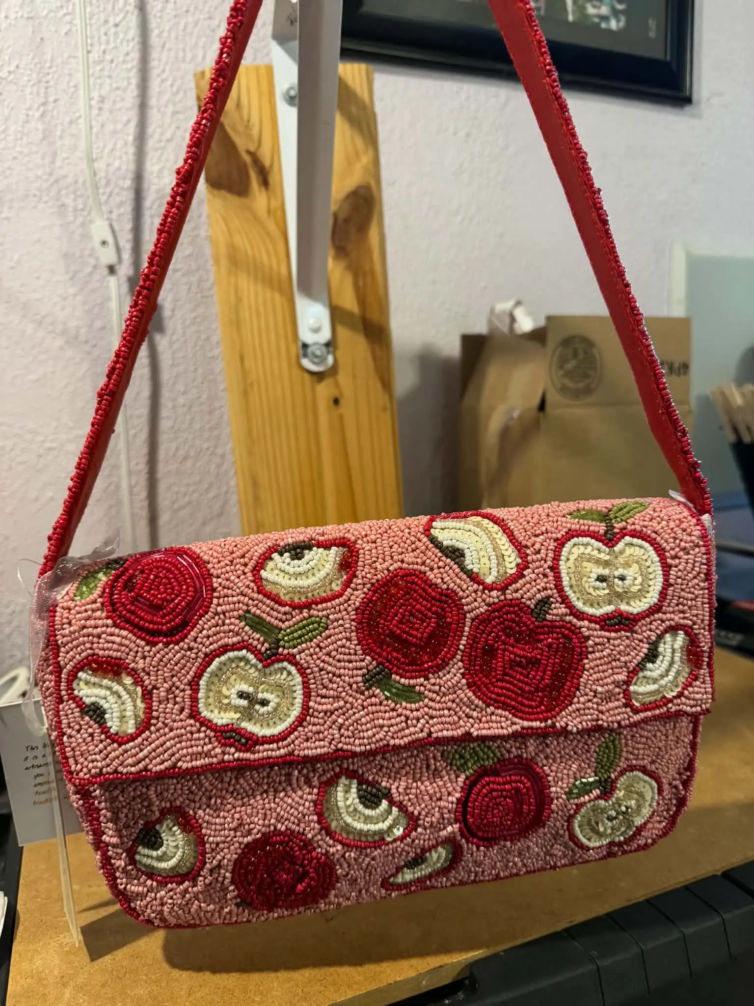 Apple Pattern Beaded Handbag with Red Strap and Floral Design