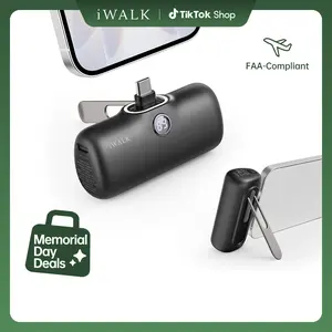 iWALK 20W PD Mini Portable Charger 5000mAh - 20W Output Mobile Accessories, Foldable Stand, Dual USB-C Ports, LED Display, Case-Friendly USB-C Plug, Fast Charge for iPhone 17/16, Samsung 25/24, Metal Power Bank for Cable & Devices Smartphone Chargeable, C