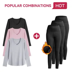 SHOWITTY 3 Pack Long Sleeve Shirts & Fleece Lined Leggings for Women