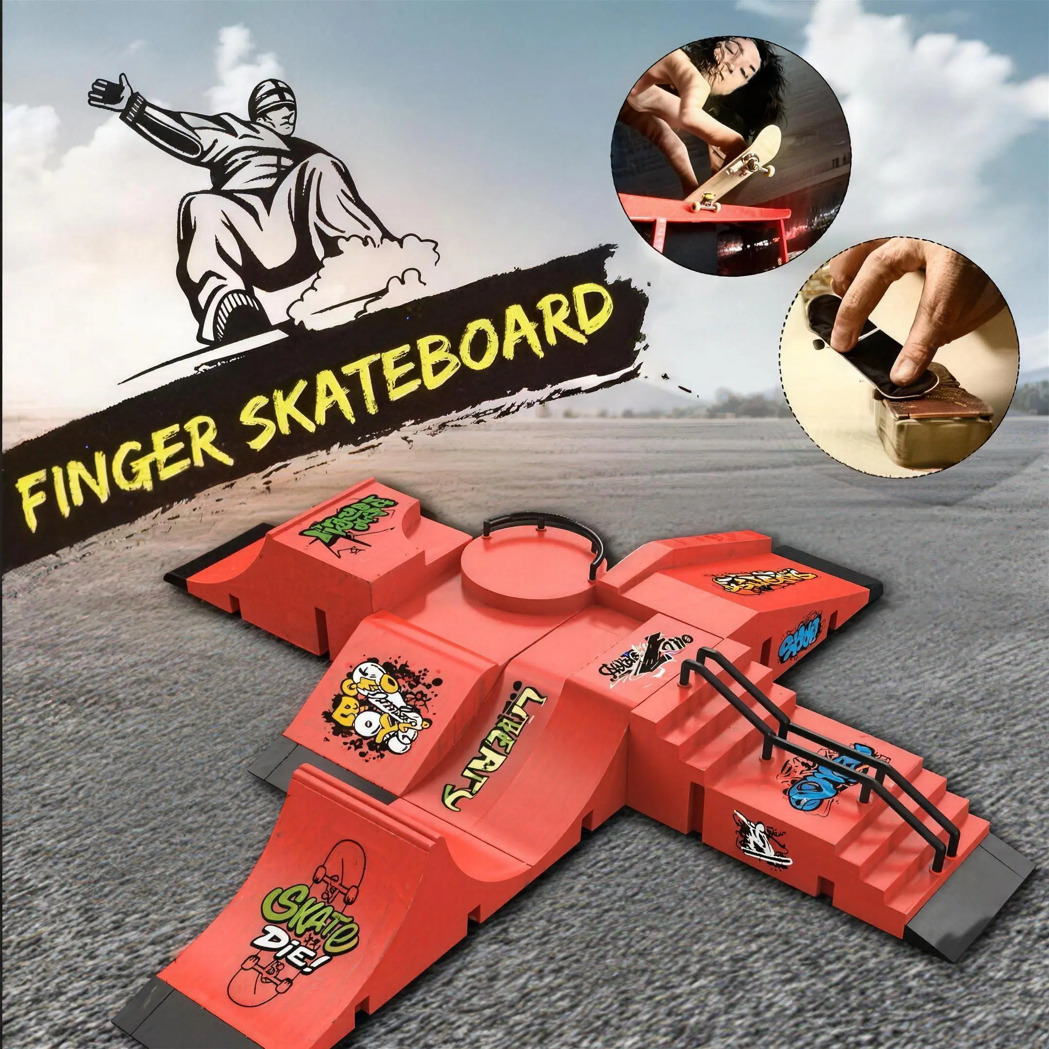 6-in-1 Finger Skateboard Set, freely assembleable, restores competitive skate park scenes, let your fingers dance on the skateboard.