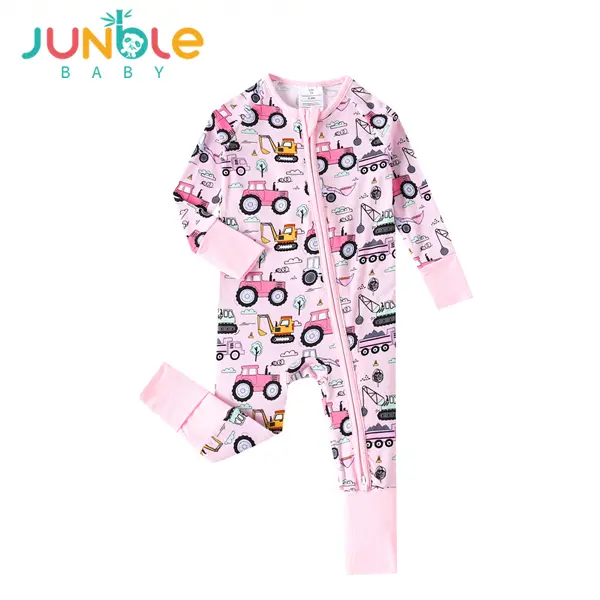 JUNBLEBABY Baby Girl's Pink Vehicle Print Bamboo Romper Pajamas, Soft Long Sleeve Convertible Footie with Front Zipper, Baby Items, Infant