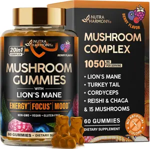 Mushroom Gummies - Lions Mane | Turkey Tail | Cordyceps | Reishi & Chaga - 20-in-1 Natural Mushroom Supplement 1050 mg - Energy, Focus, Mood & Cognitive Support - Vegan, Berry Flavor - 60 Gummies