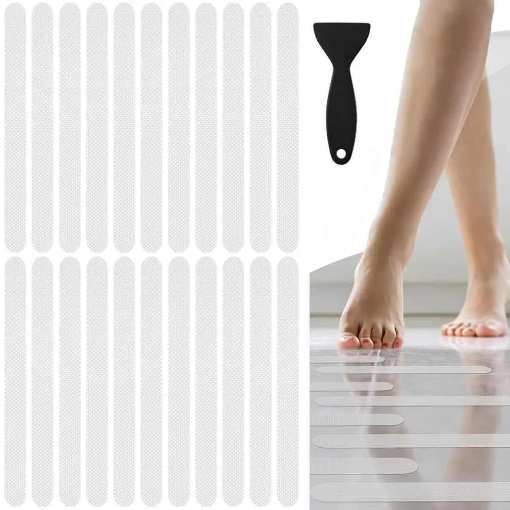 24-Pack Clear Bathtub Traction Stickers with Scraper, 0.8"x8" Waterproof Cut-to-Fit Strips, Removable No-Residue for Bathroom, Kitchen