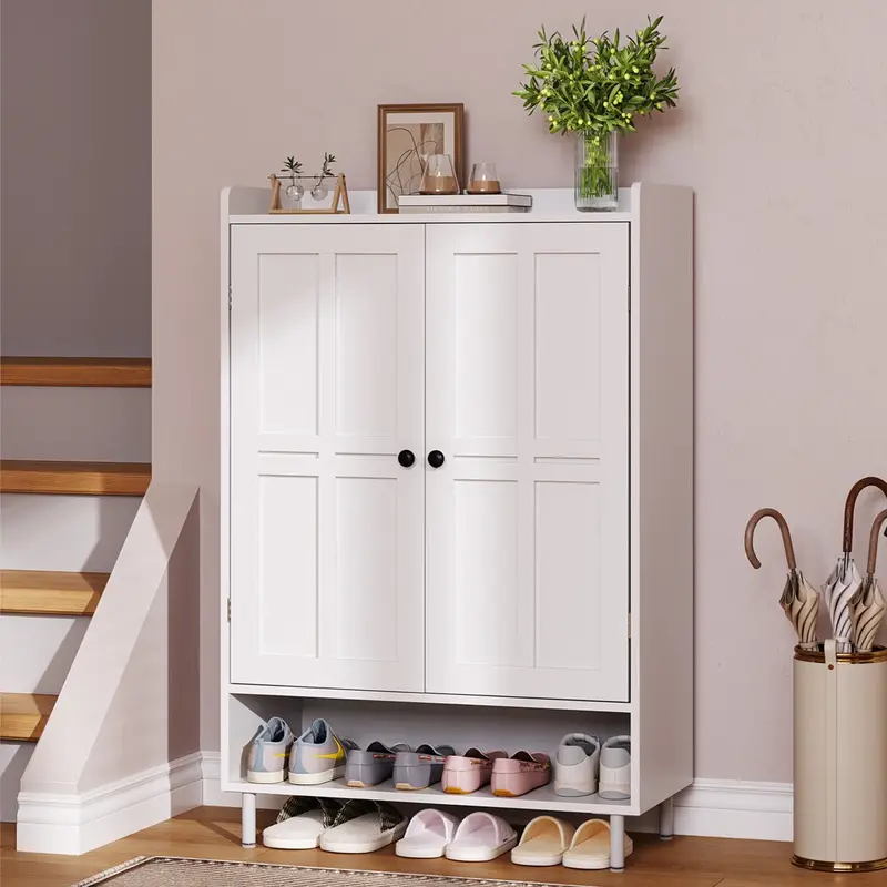 ONBRILL Durable 6-Tier 6-Layer Farmhouse Shoe Storage Cabinet with Cross Molding Doors, 3 Adjustable Shelves, Metal Legs, 45'' Tall Extendable Shoe Rack Organizer, 18-24 Pair Capacity, Assembly Required, for Entryway
