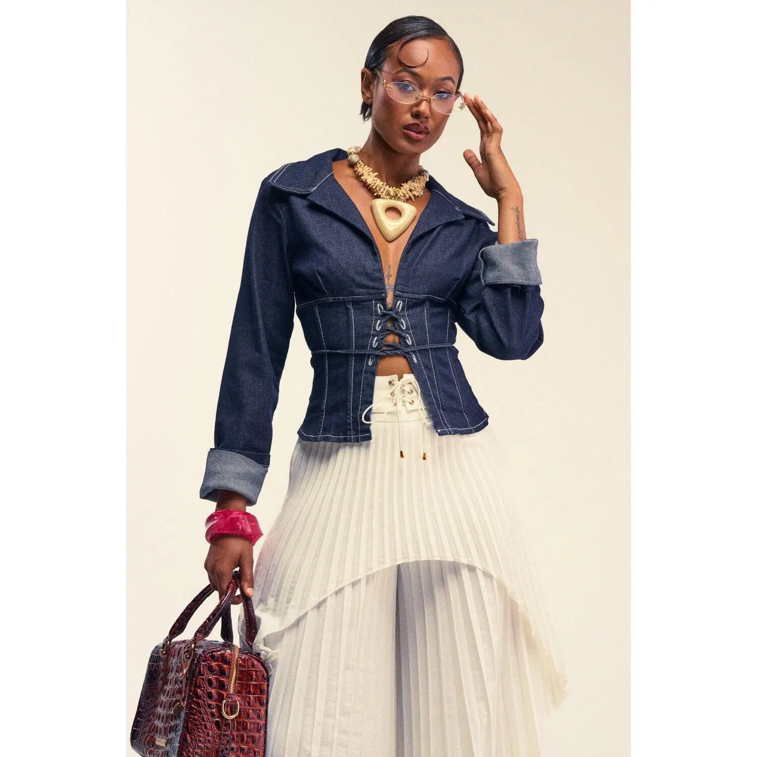 DON'T TALK TO ME LACE UP DENIM BLOUSE