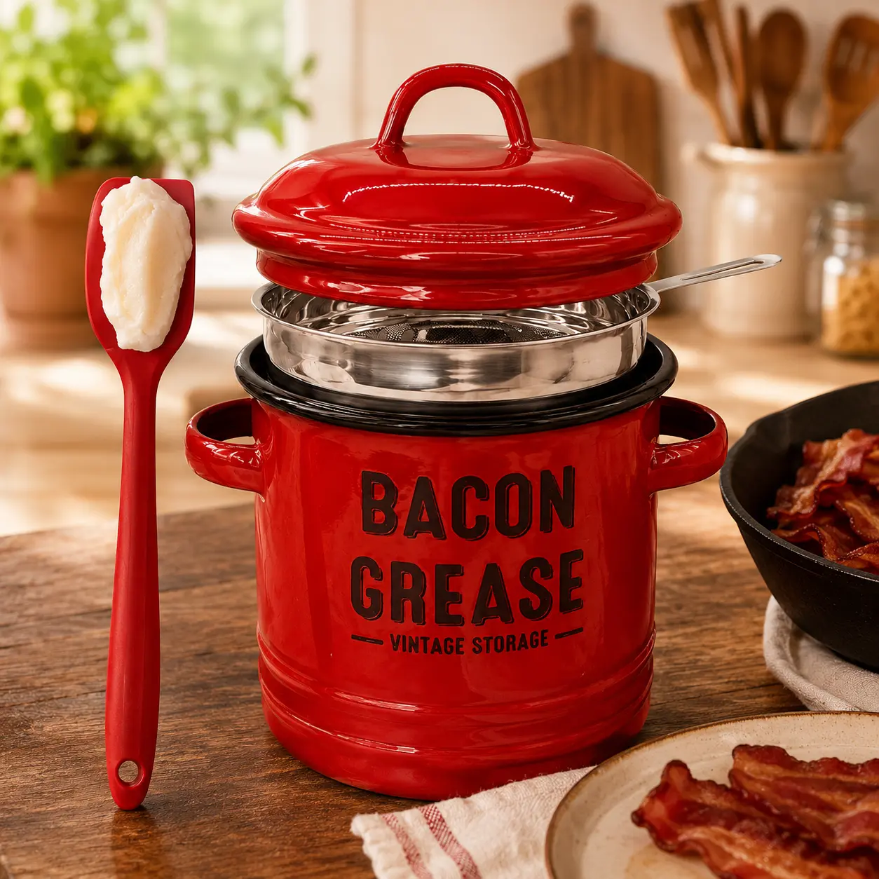 4PCS Bacon Grease Container Set, Red Grease Keeper with Lid, Strainer & Spatula for Bacon Fat and Cooking Oil Storage Stainless Steel Dispensers