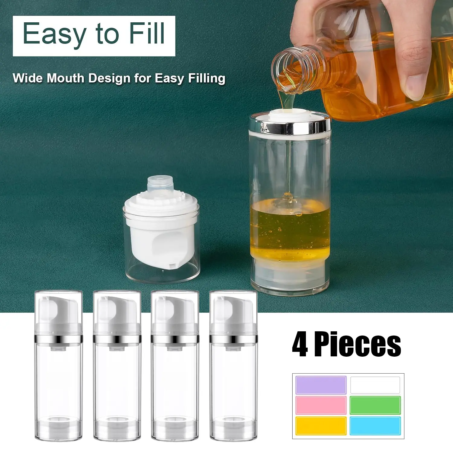 Small 4-Pack Airless Pump Bottles Set, 3.4oz/100ml Refillable Plastic Travel Dispenser - Leak-Proof, Lightweight Toiletries Storage Bottle for Skincare Lotions, Reusable Containers, Four