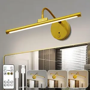 1pc Adjustable LED Mirror Light, 3 Color Adjustable Remote Control Magnetic Goose Neck Tube, 3000/4000/6000K Timed Bedroom LED Reading Light, Dimmable Desk Lamp, Modern Computer Lamp, USB Charging, Bedside Study Office Lighting, LED Wall Light Golden