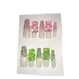 Gummy Bear Press On Nails - Pink & Green Designs, Glittery Finish, Suitable for Various Occasions