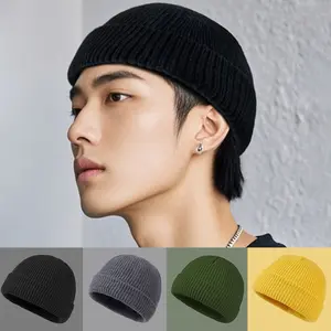 4 Pack Winter Knit Hat Boy Skullcap Sailor Cap Cuffs Retro Short Hat Unisex Autumn Warm Cap, Curled Skeleton Hat Fisherman's Hat Neutral Knitted Hat with Knitted Yarn