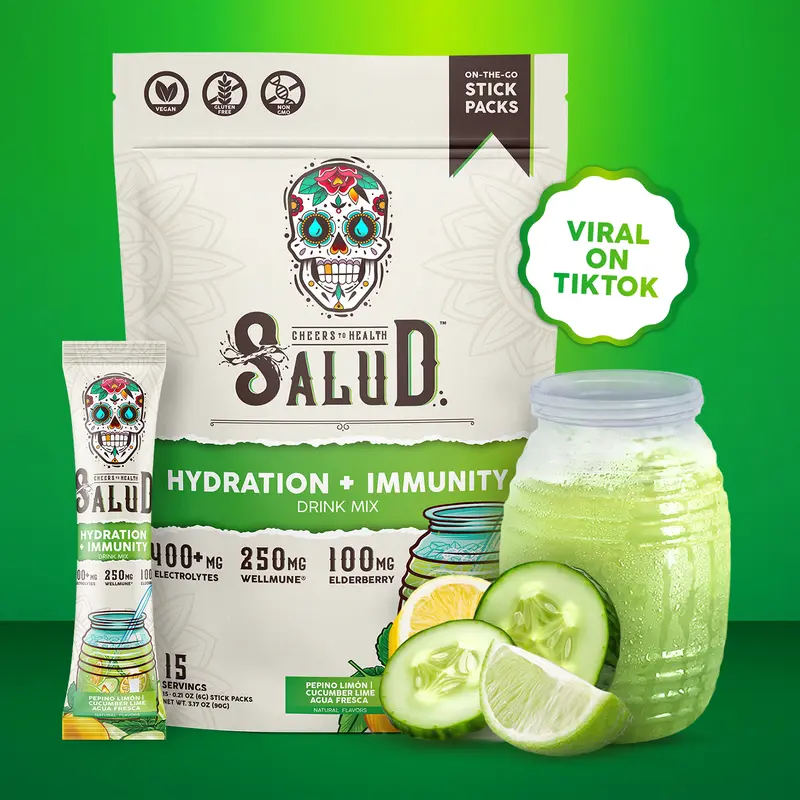 Salud 2-in-1 Hydration Packets + Immunity Electrolytes Powder, Cucumber Lime - Agua Fresca Drink Mix, Elderberry, Dairy & Soy Free, Non-GMO, Gluten Free, Vegan, Low Calorie, 1g Sugar (15 Servings)