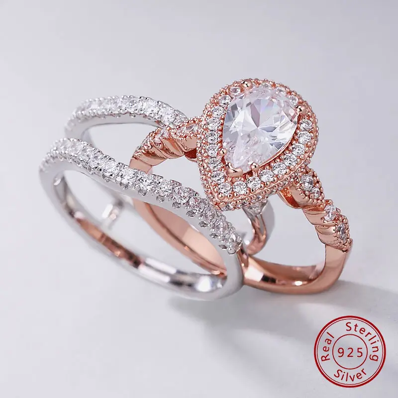 925 Sterling Silver 2-Tone Artificial Zircon Ring Enhancer - 6*9mm Water Drop Pear Cut, Elegant Fashion Beautiful, Engagement Accessory #Love Story BR1331_RW/YW Jewelry-NS, Artificial Zircon Rings, Beautiful Rings