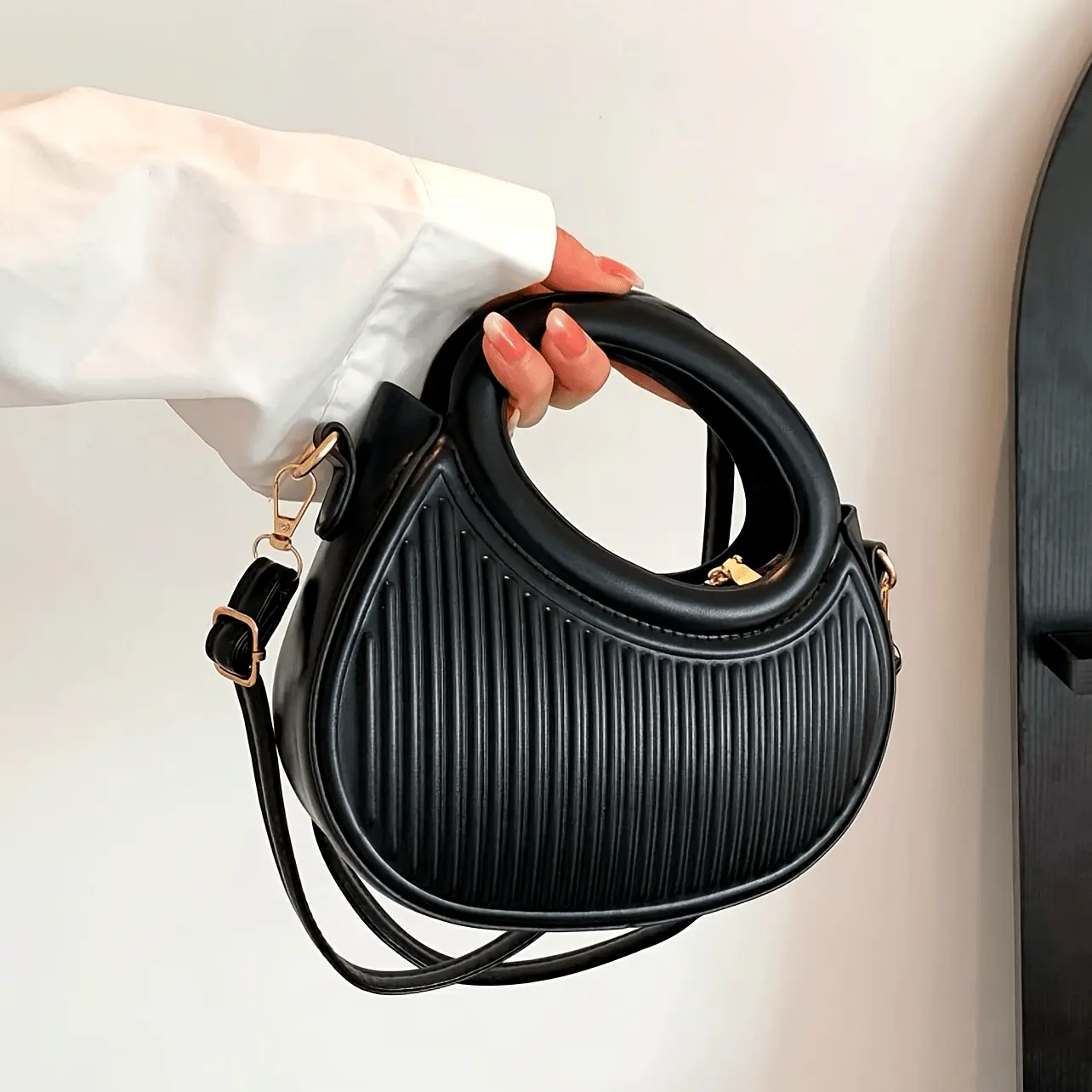 BIGWIG Women's Crescent Crossbody Bag, Embossed Stripe Synthetic Leather Shoulder Purse with Circular Top Handle and Gold-Tone Hardware, Crescent Bag, Bags For Women