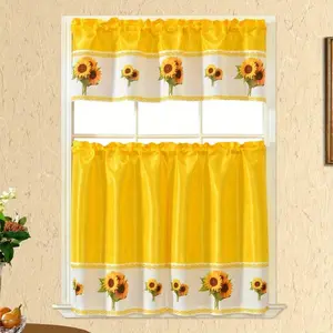 Kitchen Curtains Tiers & Valance Set 3pcs, Sunflower Print Yellow Semi Sheer, Light Filtering Drapes for Bathroom/Kitchen Foldable Colorful Room Divider living Leaf Transparent