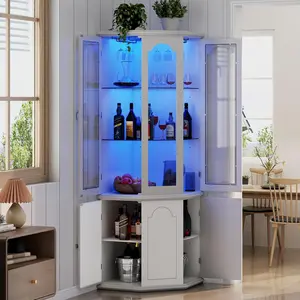 Gyfimoie Corner Bar Cabinet w/LED Lights, Tall Modern Wine Cabinet with Tempered Glass Door & Adjustable Shelves, Home Bar Liquor Storage Cabinet with Glass Rack for Living Room, Dining Room (White)