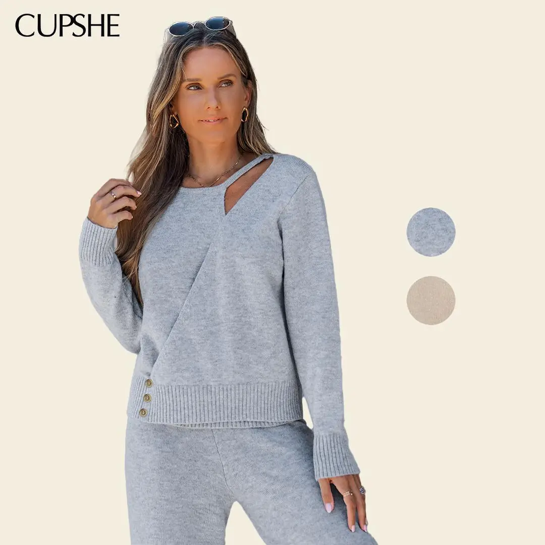 CUPSHE Women's Knit Long Sleeve Sweater - Round Neck, Overlap Detail, Loose Fitting, Casual, Chic, 94%Polyester, Hand Wash Only, Knitwear, Layering Top (TikTokShop Spring Glow Up In the Know Collection)