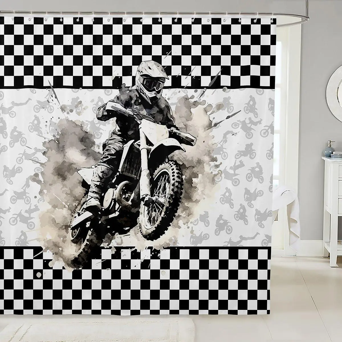 Feelyou Waterproof Washable Motorcycle Pattern Shower Curtains - 72in W x 72in H, Motocross Racing Graffiti Black White Checkered Dirt Bike Design, 12 Hooks Included, Ideal for Kids' Dorm, Apartment