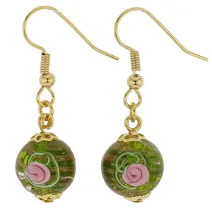 GlassOfVenice Handcrafted Murano Glass Drop Earrings for Women, Magnifica Fiorato Floral Design, Emerald Green with Swirling Copper & Unique Sparkle, 0.5 in Ball-Shaped Bead, Anniversary Gift