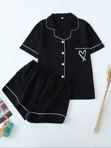 Women's Heart Print Short Sleeve Top & Shorts Pyjama, Casual Comfy Top & Shorts Pj Set, Ladies Sleepwear for Summer, Loungewear, Pajama Set, Pajamas, Loungewear Pjs Set
