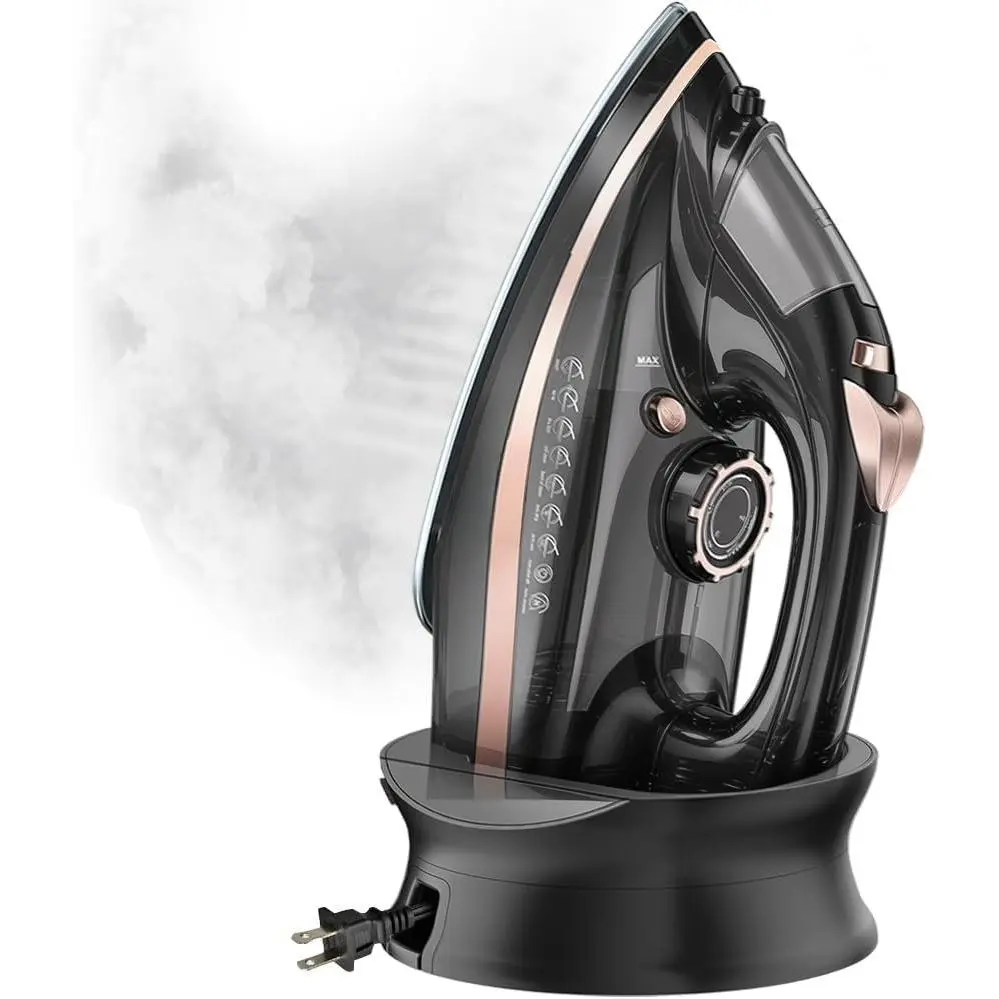 Cordless Garment Iron - 1600W Wireless Fast Heating Iron with Retractable Cord, Power Base, Ceramic Soleplate, Auto-Off, Anti-Calc, Anti-Drip, Self-Clean Function