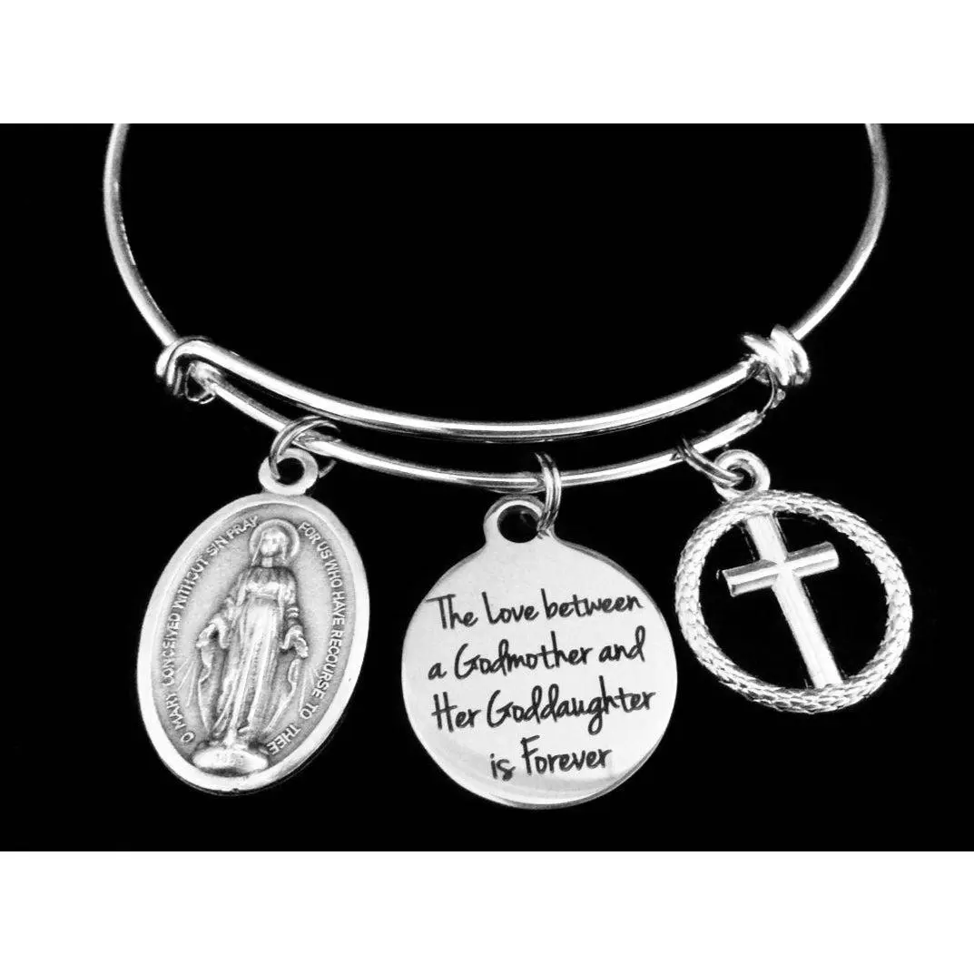 Godmother Goddaughter Bracelet – Silver Expandable Bangle with Cross, Virgin Mary Medal & Forever Love Charm – Religious Gift