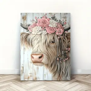 1PC 2D Flat Room Decoration Retro Wooden Frame Highland Cow Canvas Art, Cute Cow Pattern, Crown Wall Decoration, Woven Bachelorette Party Home and Office Decoration, Unique Christmas Gift Idea, 11.8x 15.7inch
