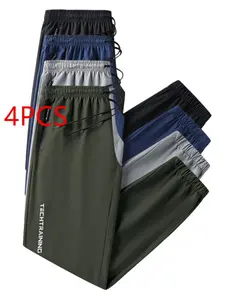 4-Pack Men's Summer Jogger Pants, Gym-Friendly with Zip Pockets, Quick-Dry Full-Length Trousers for Running and Daily Wear
