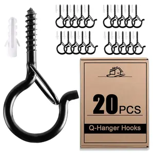 20-pack Q-hooks with safety clips, windproof screw hooks, suitable for hanging outdoor string lights, plants, Christmas patio lights, 2.2 inches, black.