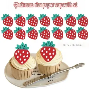 Edible Rice Paper Strawberry Cupcake Decoration, Sweet Dessert Table Import Wafer Paper Printing Baking Paper, Trendy Food Grade Material, Fruit