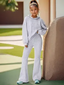 Girl's Solid Ribbed Hoodie & Flare Leg Pants Set, Casual Long Sleeve Hooded Sweatshirt  & Bell Bottom Trousers, Kids Spring & Fall Clothes
