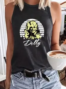 Women's Dolly Parton Print Round Neck Tank Top, Casual Sleeveless Graphic Top for Summer, Ladies Clothes for Daily Wear, Socks