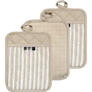Pot Holders Set of 3 Heat Resistant & Non Slip Potholders, Professional Oven Hot Pads with Pockets Mitts for Kitchen Cooking Baking Barbecue (Khaki, 3)