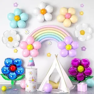 Daisy Flower Balloons,Colorful Flower Shaped Balloons Bean Paste Blue Rainbow Long Balloons Purple Flower Foil Balloons Birthday Decorations